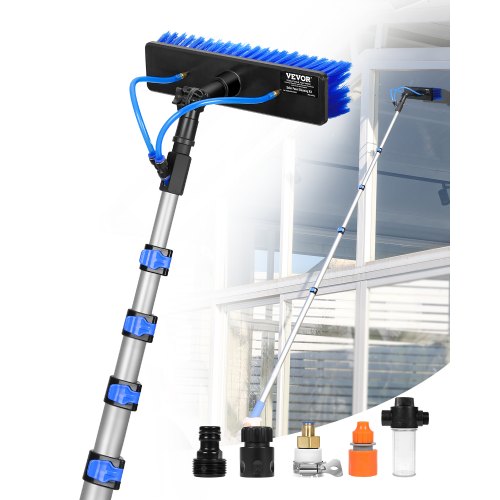 Water Fed Pole Kit, 9m Solar Panel Cleaning Pole with Extendable Handle, 180° Rotatable Brush Head & 20m Hose, Household & Outdoor Window Cleaner Tool for Caravan Solar Panel Deck