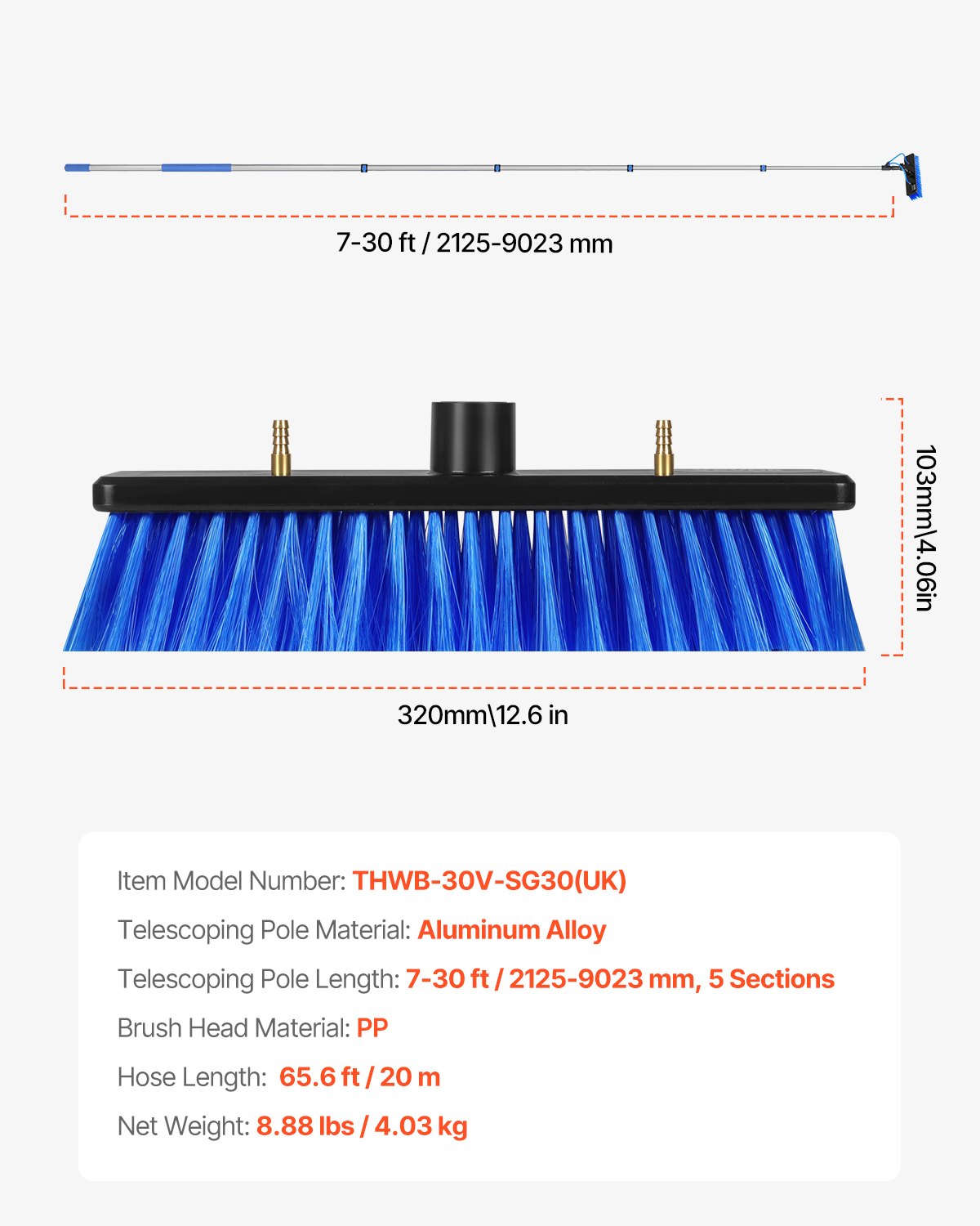 Water Fed Pole Kit, 9m Solar Panel Cleaning Pole with Extendable Handle, 180° Rotatable Brush Head & 20m Hose, Household & Outdoor Window Cleaner Tool for Caravan Solar Panel Deck