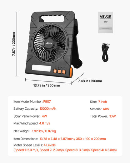 10000mAh Rechargeable Solar Fan with LED Lantern, 18 cm Portable Fan Cordless with 4W Foldable Solar Panel, 4-Speed & Timer & Quiet, USB Battery Powered for Camping Tent Worksite Office Desk