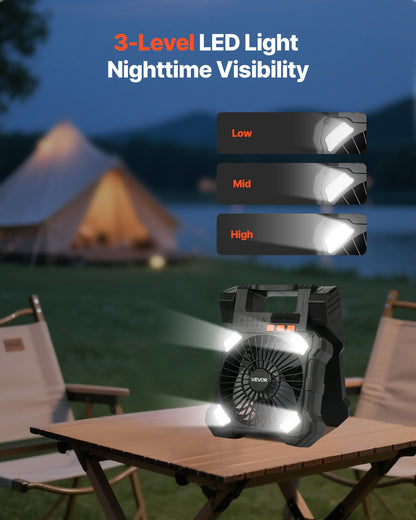 20000mAh Rechargeable Solar Fan with LED Lantern, 20 cm Portable Fan Cordless with 7W Foldable Solar Panel, 5-Speed & Timer & Quiet, USB Battery Powered for Camping Tent Worksite Office Desk