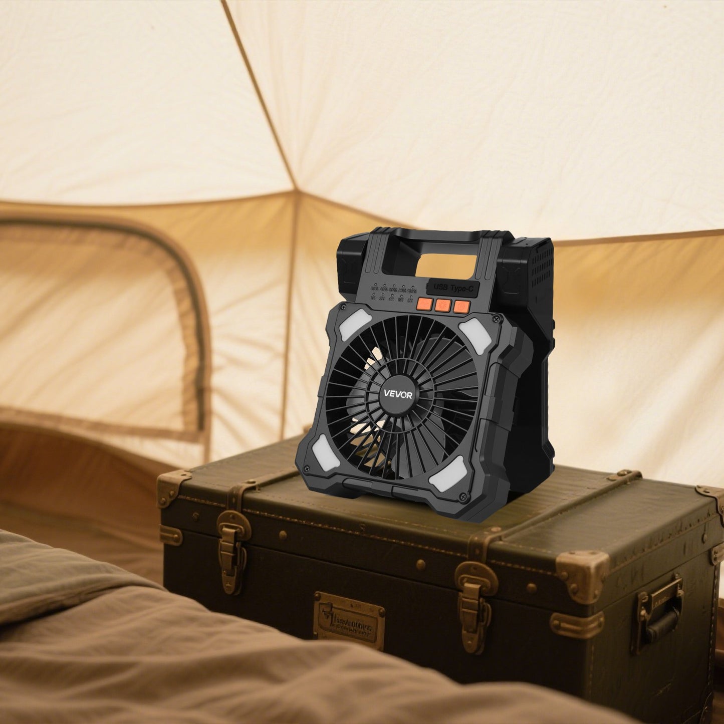 20000mAh Rechargeable Solar Fan with LED Lantern, 20 cm Portable Fan Cordless with 7W Foldable Solar Panel, 5-Speed & Timer & Quiet, USB Battery Powered for Camping Tent Worksite Office Desk