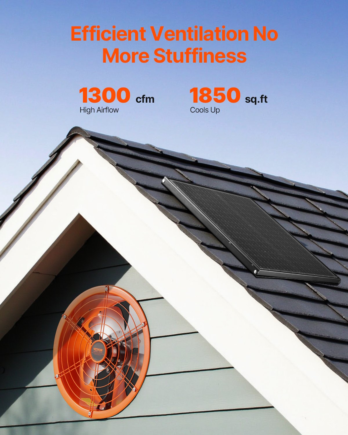 Gable Mount Fan, 14 Inch Solar Power Attic Exhaust Fan with Adjustable Thermostat & Outer Mesh, 1300 CFM House Ventilator Cool Upto 1850 Sq.Ft, Quiet Ventilation for Roof, Garage, Shop, Black