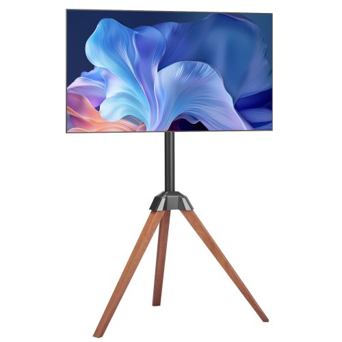 Tripod Easel TV Stand, for 40-65 inch Flat Screen/Curved TVs Up to 99 lbs, 18° Left-Right Rotation Portable TV Stand with Oak Wood Legs, for Bedroom, Living Room, Studio, MAX VESA 600 x 400 mm
