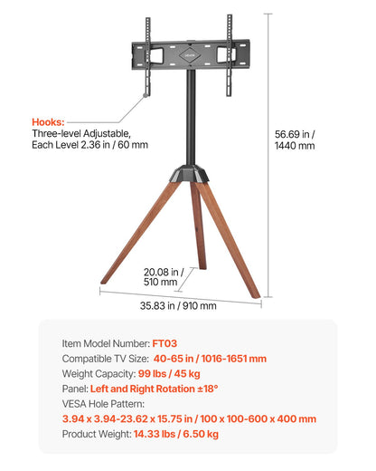 Tripod Easel TV Stand, for 40-65 inch Flat Screen/Curved TVs Up to 99 lbs, 18° Left-Right Rotation Portable TV Stand with Oak Wood Legs, for Bedroom, Living Room, Studio, MAX VESA 600 x 400 mm