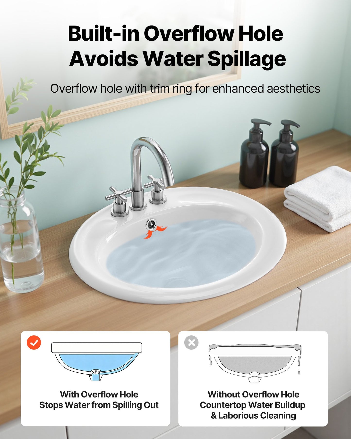 Semi Recessed Bathroom Sink, 485 x 425 mm Oval White Ceramic Vessel Sink with Overflow Hole and 3 Faucet Holes, Drop in Modern Lavatory Vanity Bath Wash Bowl Basin for Bathroom Small Spaces