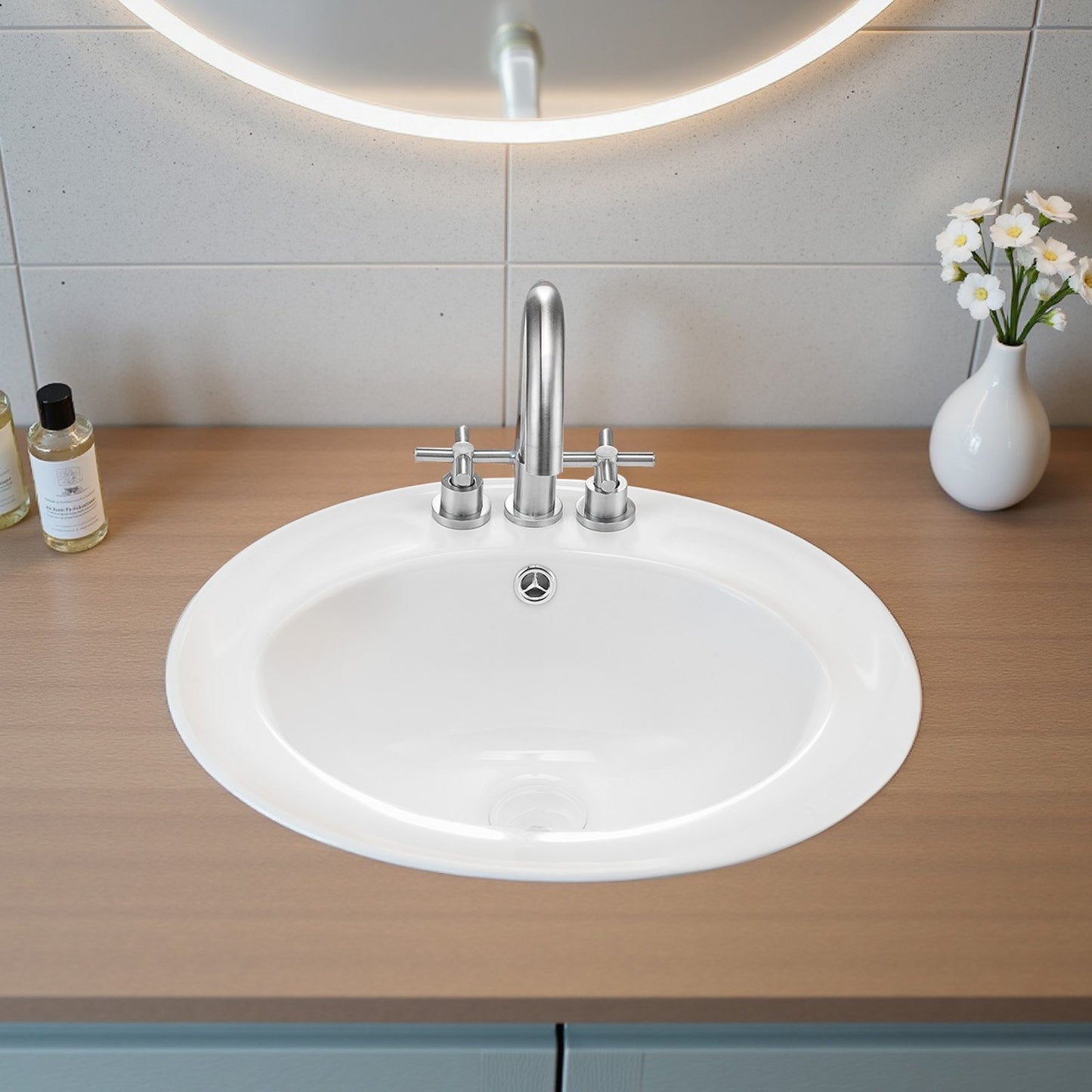 Semi Recessed Bathroom Sink, 485 x 425 mm Oval White Ceramic Vessel Sink with Overflow Hole and 3 Faucet Holes, Drop in Modern Lavatory Vanity Bath Wash Bowl Basin for Bathroom Small Spaces