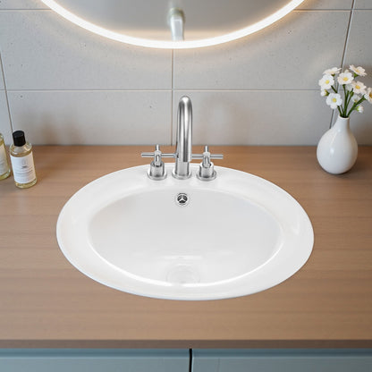 Semi Recessed Bathroom Sink, 485 x 425 mm Oval White Ceramic Vessel Sink with Overflow Hole and 3 Faucet Holes, Drop in Modern Lavatory Vanity Bath Wash Bowl Basin for Bathroom Small Spaces