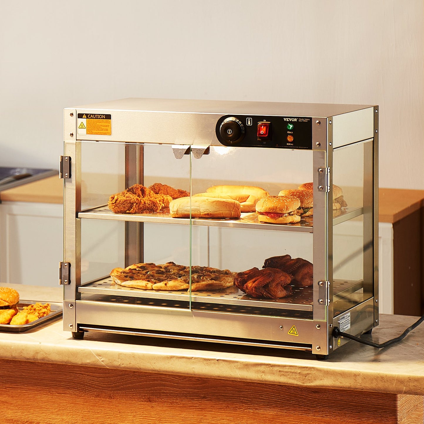 2-Tier Commercial Food Warmer Display, 800W Food Display Warmer with Light to Enhance Food Display, 30℃~85℃ Temperature Control, 58L Large Capacity for Hamburger, Pizza, Bread, Fried Chicken