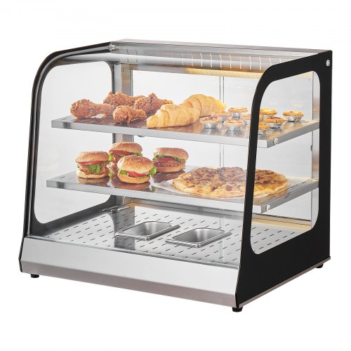 2-Tier Commercial Food Warmer Display, 850W Food Display Warmer w/ Tempered Glass and Steam Heating, 30℃~85℃ Temperature Control, 111L Large Capacity for Hamburger, Pizza, Bread, Fried Chicken
