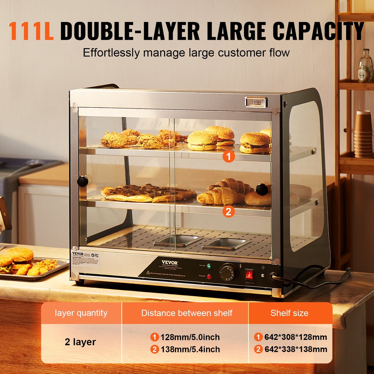 2-Tier Commercial Food Warmer Display, 850W Food Display Warmer w/ Tempered Glass and Steam Heating, 30℃~85℃ Temperature Control, 111L Large Capacity for Hamburger, Pizza, Bread, Fried Chicken