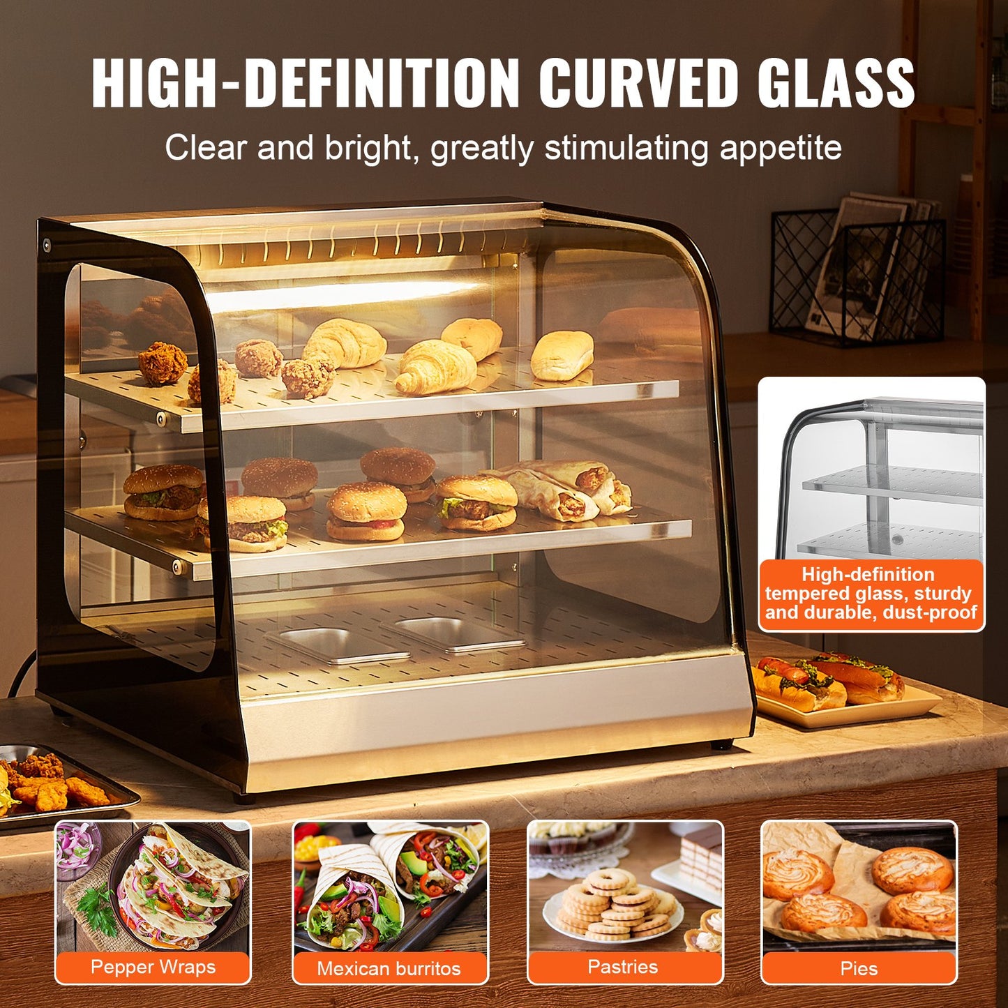 2-Tier Commercial Food Warmer Display, 850W Food Display Warmer w/ Tempered Glass and Steam Heating, 30℃~85℃ Temperature Control, 111L Large Capacity for Hamburger, Pizza, Bread, Fried Chicken
