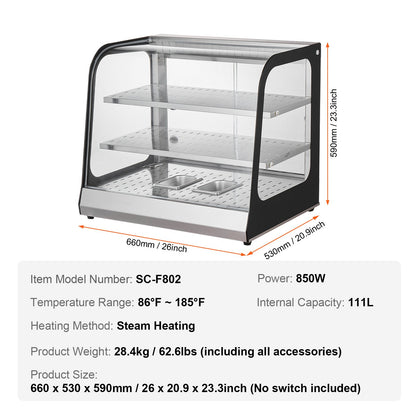 2-Tier Commercial Food Warmer Display, 850W Food Display Warmer w/ Tempered Glass and Steam Heating, 30℃~85℃ Temperature Control, 111L Large Capacity for Hamburger, Pizza, Bread, Fried Chicken