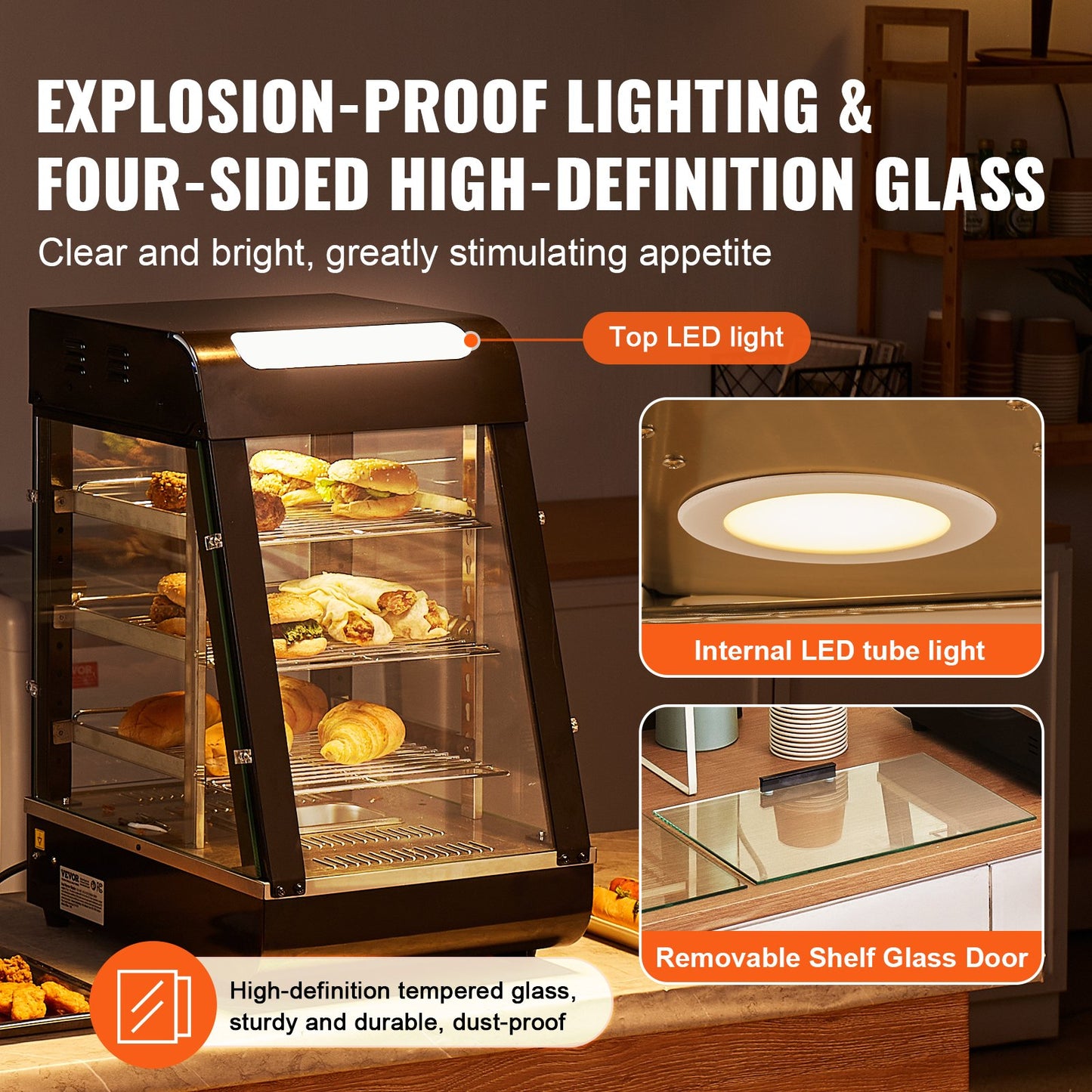 Dreistufiger gewerblicher Speisenwärmer, 1000 W, mit Beleuchtung, verstellbaren Ablagen und Temperaturanzeige, Dampfheizung (30 °C bis 85 °C), 57 l Fassungsvermögen für Hamburger, Pizza, Brot und Brathähnchen