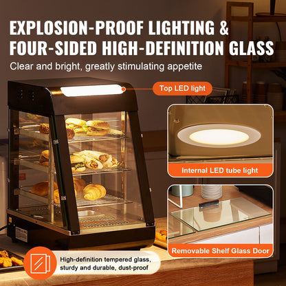 Dreistufiger gewerblicher Speisenwärmer, 1000 W, mit Beleuchtung, verstellbaren Ablagen und Temperaturanzeige, Dampfheizung (30 °C bis 85 °C), 57 l Fassungsvermögen für Hamburger, Pizza, Brot und Brathähnchen