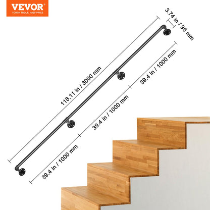 Pipe Stair Handrail, 304.8 cm Staircase Handrail, 199.6 kg Load Capacity Carbon Steel Pipe Handrail, Industrial Pipe Handrail with Wall Mount Support, Round Corner Wall Handrailing for Indoor, Outdoor