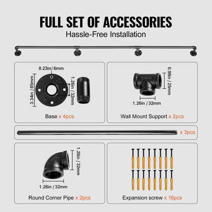 Pipe Stair Handrail, 335.3 cm Staircase Handrail, 199.6 kg Load Capacity Carbon Steel Pipe Handrail, Industrial Pipe Handrail with Wall Mount Support, Round Corner Wall Handrailing for Indoor, Outdoor