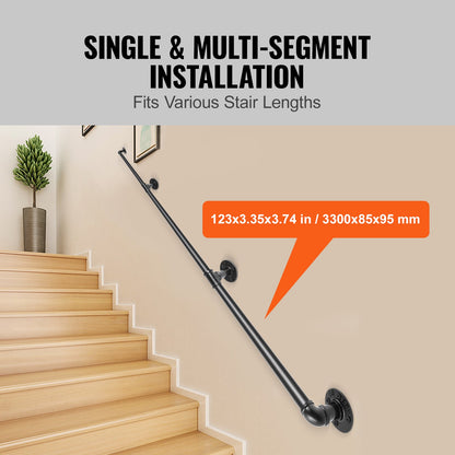 Pipe Stair Handrail, 335.3 cm Staircase Handrail, 199.6 kg Load Capacity Carbon Steel Pipe Handrail, Industrial Pipe Handrail with Wall Mount Support, Round Corner Wall Handrailing for Indoor, Outdoor