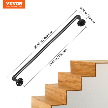 Pipe Stair Handrail, 91.4 cm Staircase Handrail, 199.6 kg Load Capacity Carbon Steel Pipe Handrail, Industrial Pipe Handrail with Wall Mount Support, Round Corner Wall Handrailings for Indoor, Outdoor