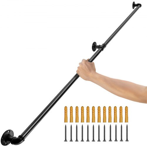 Pipe Stair Handrail, 121.9 cm Staircase Handrail, 199.6 kg Load Capacity Carbon Steel Pipe Handrail, Industrial Pipe Handrail with Wall Mount Support, Round Corner Wall Handrailings for Indoor, Outdoor