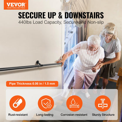 Pipe Stair Handrail, 121.9 cm Staircase Handrail, 199.6 kg Load Capacity Carbon Steel Pipe Handrail, Industrial Pipe Handrail with Wall Mount Support, Round Corner Wall Handrailings for Indoor, Outdoor