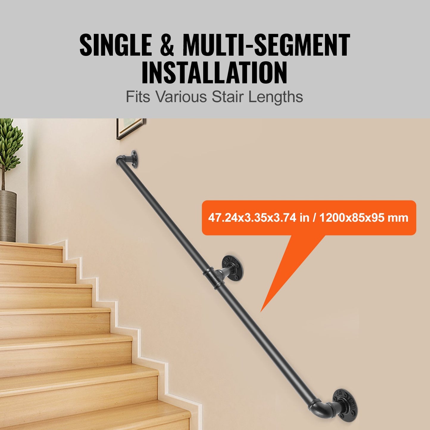 Pipe Stair Handrail, 121.9 cm Staircase Handrail, 199.6 kg Load Capacity Carbon Steel Pipe Handrail, Industrial Pipe Handrail with Wall Mount Support, Round Corner Wall Handrailings for Indoor, Outdoor
