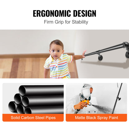 Pipe Stair Handrail, 152.4 cm Staircase Handrail, 199.6 kg Load Capacity Carbon Steel Pipe Handrail, Industrial Pipe Handrail with Wall Mount Support, Round Corner Wall Handrailings for Indoor, Outdoor