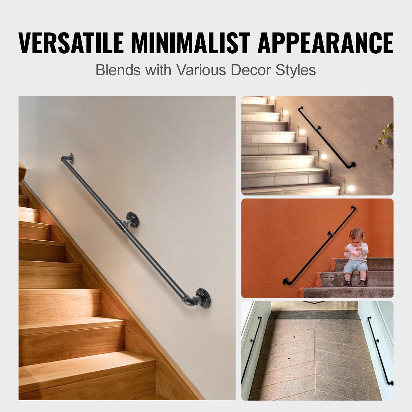 Pipe Stair Handrail, 152.4 cm Staircase Handrail, 199.6 kg Load Capacity Carbon Steel Pipe Handrail, Industrial Pipe Handrail with Wall Mount Support, Round Corner Wall Handrailings for Indoor, Outdoor