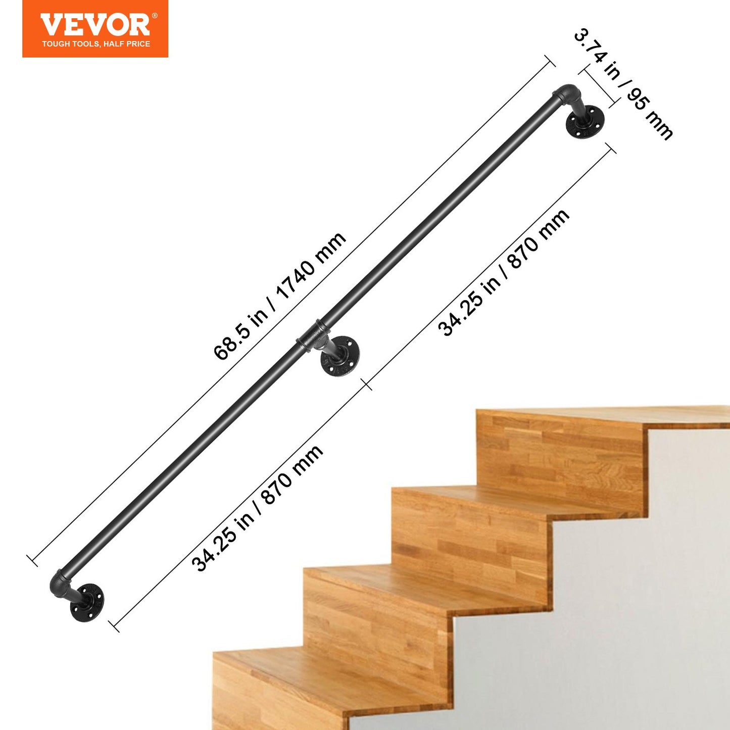 Pipe Stair Handrail, 182.9 cm Staircase Handrail, 199.6 kg Load Capacity Carbon Steel Pipe Handrail, Industrial Pipe Handrail with Wall Mount Support, Round Corner Wall Handrailings for Indoor, Outdoor