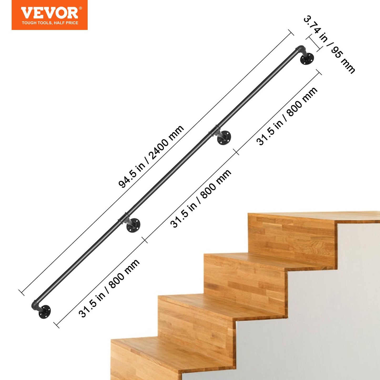 Pipe Stair Handrail, 243.8 cm Staircase Handrail, 199.6 kg Load Capacity Carbon Steel Pipe Handrail, Industrial Pipe Handrail with Wall Mount Support, Round Corner Wall Handrailings for Indoor, Outdoor