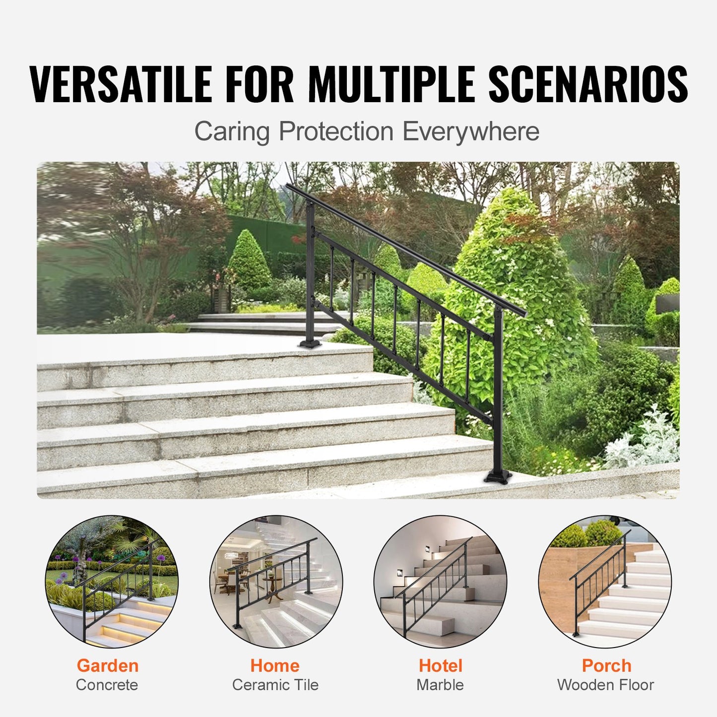 Outdoor Stair Railing, Fits for 1-4 Steps Transitional Wrought Iron Handrail, Adjustable Exterior Stair Railing, Handrails for Concrete Steps with Installation Kit, Matte Black Outdoor Handrail
