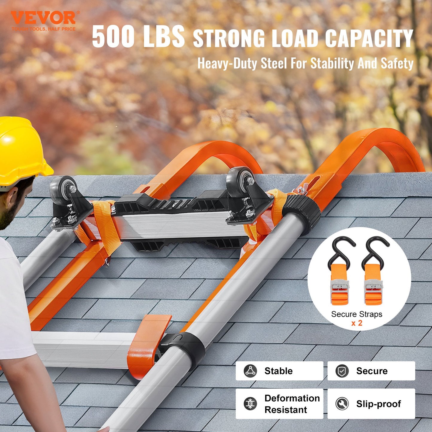 Ladder Roof Hook, 2 Pack with Wheel Heavy Duty Steel Ladder Stabilizer, Roof Ridge Extension Rubber Grip T-Bar for Damage Prevention, 500 lbs Weight Rating, Fast & Easy to Access Steep Roofs