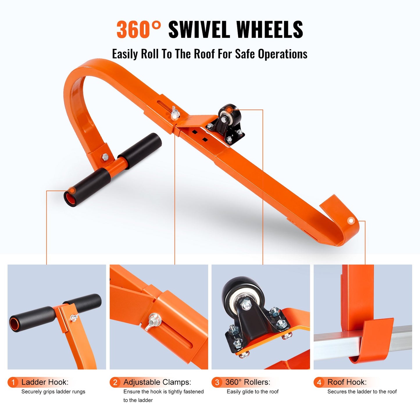 Ladder Roof Hook, 2 Pack with Wheel Heavy Duty Steel Ladder Stabilizer, Roof Ridge Extension Rubber Grip T-Bar for Damage Prevention, 500 lbs Weight Rating, Fast & Easy to Access Steep Roofs