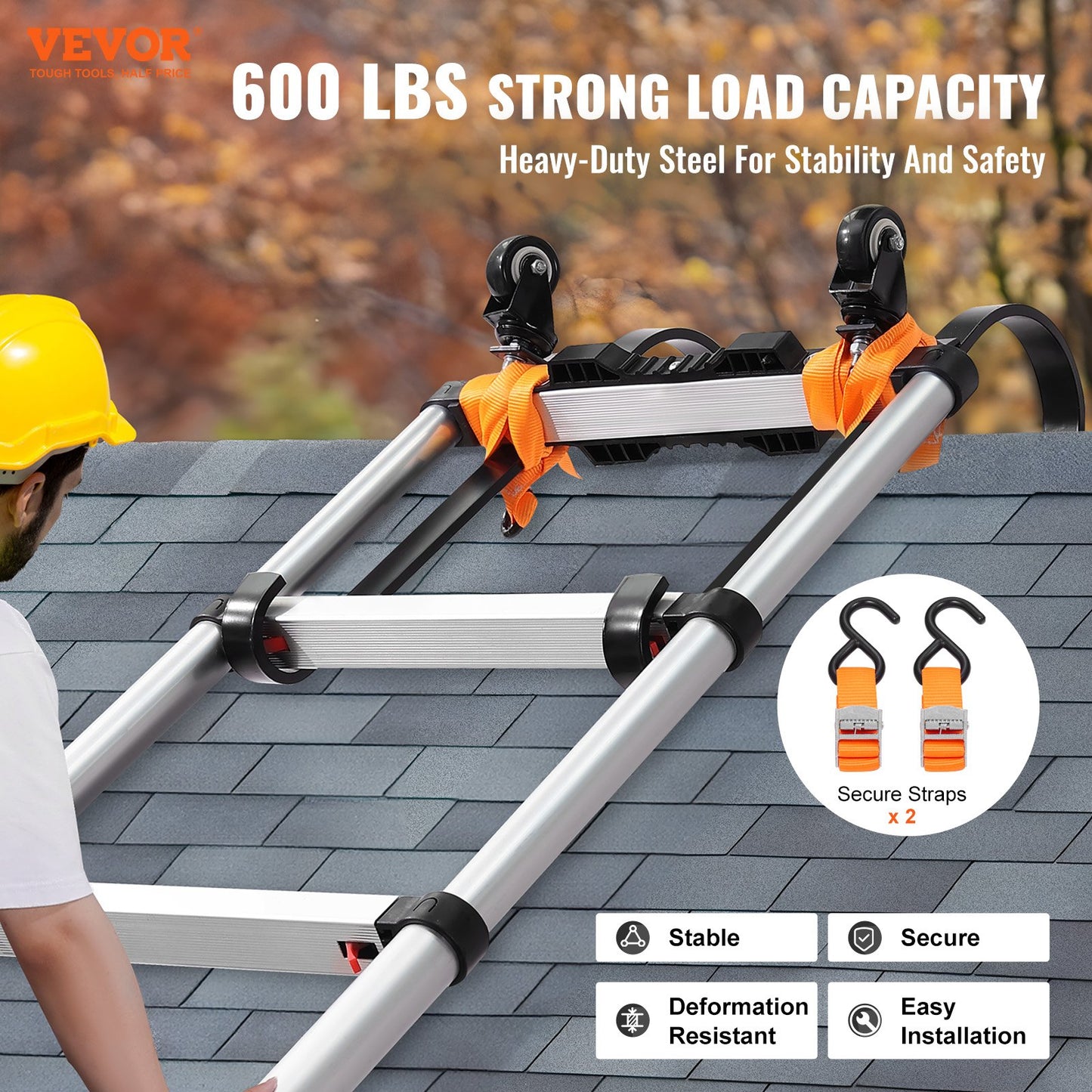 Ladder Roof Hook, 2 Pack with Fixed Wheel & Swivel Bar, Wheel Heavy Duty Steel Ladder Stabilizer, Roof Ridge Extension for Damage Prevention, 600 lbs Weight Rating, Easy to Access Steep Roofs