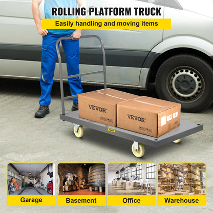 Platform Truck, 907.2 kg Capacity Steel flatbed Cart, 119.4 cm Length x 61 cm Width x 81.3 cm Height Flat Dolly, Hand Trucks with 12.7 cm Nylon Casters, Heavy-Duty Utility Push Carts for Luggage Moving