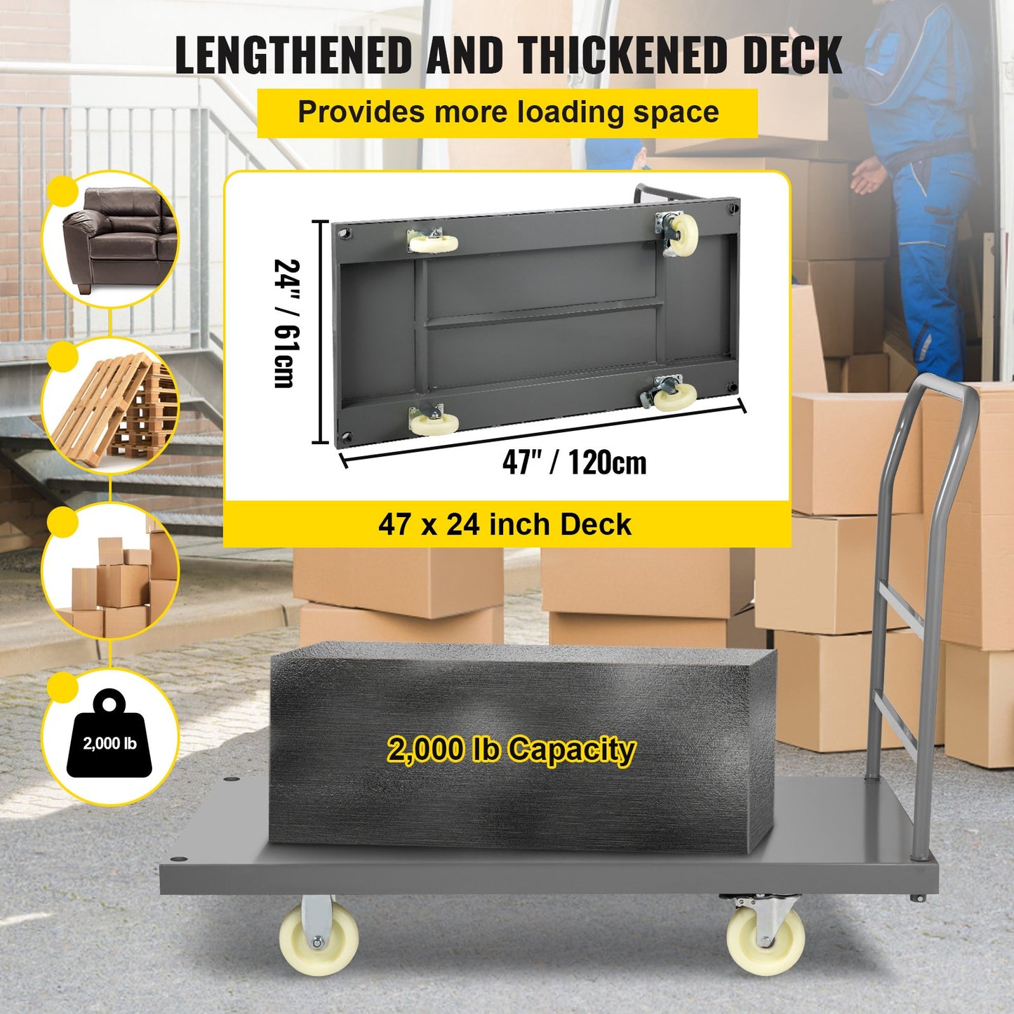 Platform Truck, 907.2 kg Capacity Steel flatbed Cart, 119.4 cm Length x 61 cm Width x 81.3 cm Height Flat Dolly, Hand Trucks with 12.7 cm Nylon Casters, Heavy-Duty Utility Push Carts for Luggage Moving