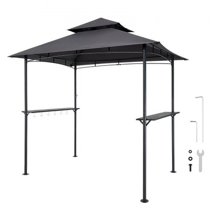 Grillpavillon, 2,43 x 1,5 m, Grillpavillon für den Außenbereich mit doppelstufigem Dach, pulverbeschichteter Stahl, Grillüberdachung mit 2 Seitenablagen und 8 Haken, Grillbaldachin für Terrasse, Garten und Picknick