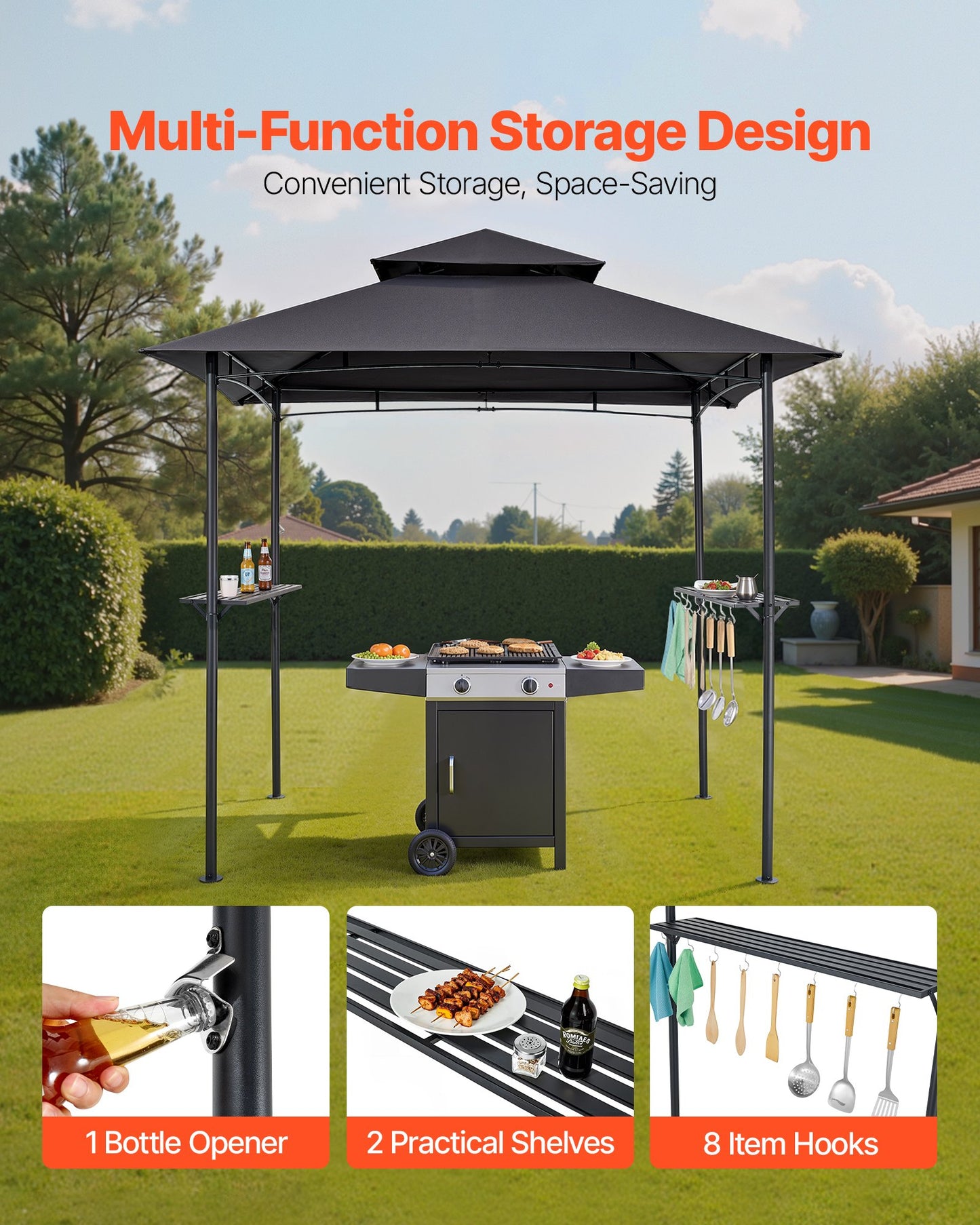 Grillpavillon, 2,43 x 1,5 m, Grillpavillon für den Außenbereich mit doppelstufigem Dach, pulverbeschichteter Stahl, Grillüberdachung mit 2 Seitenablagen und 8 Haken, Grillbaldachin für Terrasse, Garten und Picknick