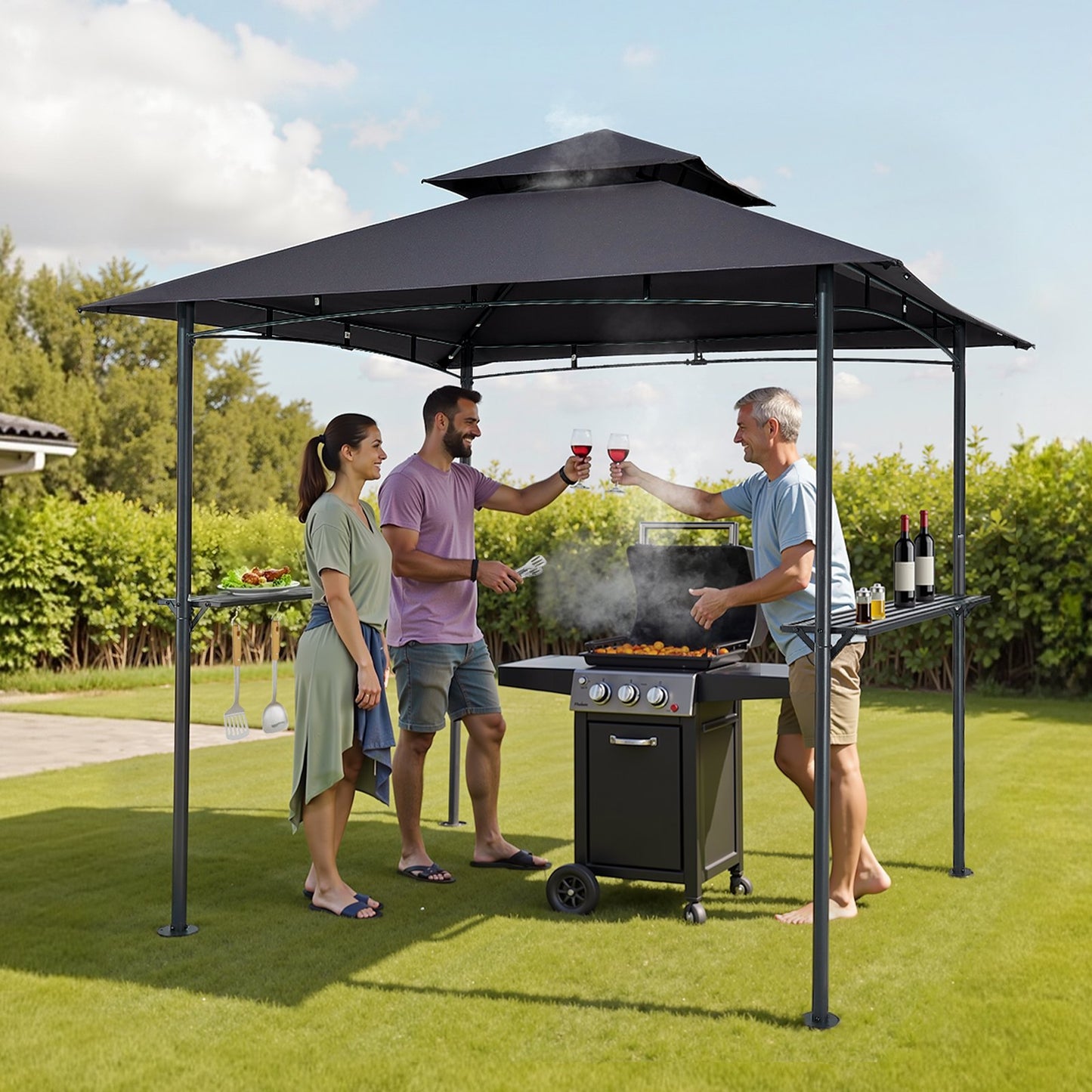 Grillpavillon, 2,43 x 1,5 m, Grillpavillon für den Außenbereich mit doppelstufigem Dach, pulverbeschichteter Stahl, Grillüberdachung mit 2 Seitenablagen und 8 Haken, Grillbaldachin für Terrasse, Garten und Picknick