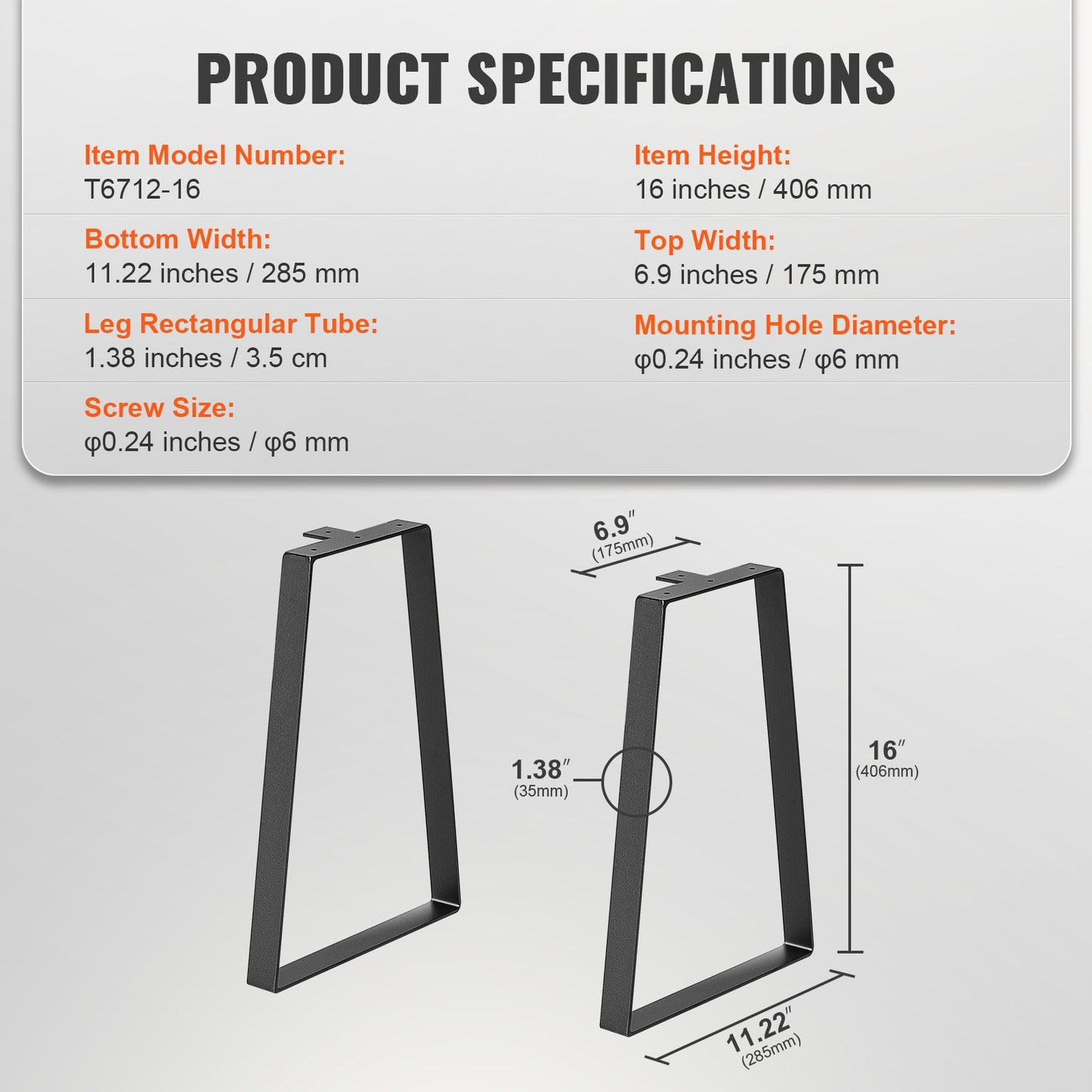 406.4MM Trapezoid Steel Table Legs, Replacement Furniture Legs Set of 2 for DIY Coffee Tables, Modern Desks, Bench, Night Stands, Sofa, Max Load 181.4KG Heavy Duty, Quick Instalation Legs Black