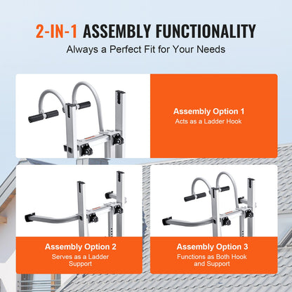 Ladder Stabilizer, 2 in 1 Extension Wall Ladder Standoff Hook, Roof Ridge Ladder Accessories Both Horizontally and Vertically, Heavy-duty Steel Rubber Grip T-Bar, Quick Access to Steep Roofs