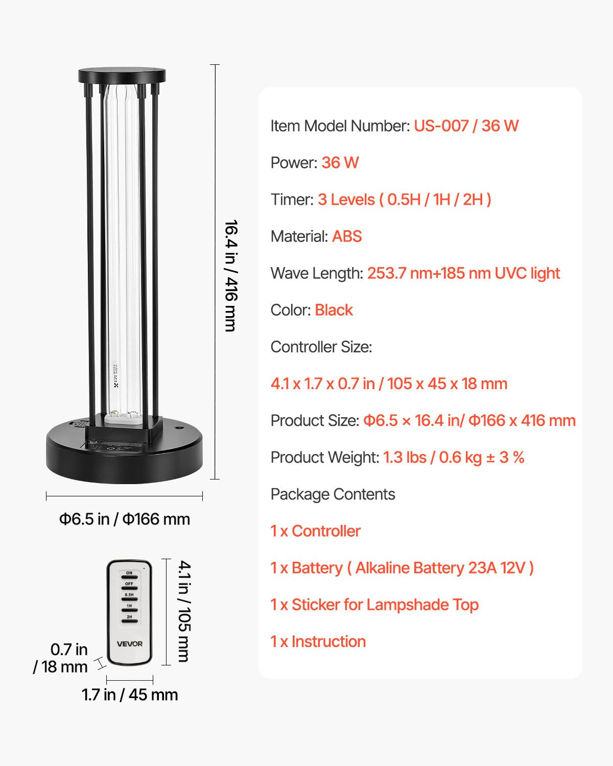 UV-Lampe, 36-W-Ultraviolettlampe mit Ozonreiniger, UVC-Lampe mit 3-stufigem Timer (30/60/120 Minuten) und Fernbedienung, für Räume bis zu 37 m², UVO-Lampen für Wohnzimmer, Schlafzimmer, Hotel, Schule