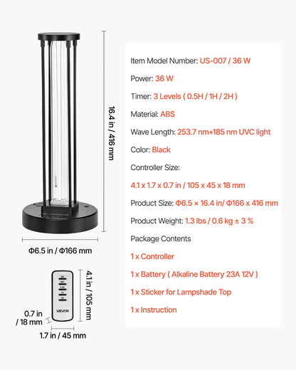 UV-Lampe, 36-W-Ultraviolettlampe mit Ozonreiniger, UVC-Lampe mit 3-stufigem Timer (30/60/120 Minuten) und Fernbedienung, für Räume bis zu 37 m², UVO-Lampen für Wohnzimmer, Schlafzimmer, Hotel, Schule
