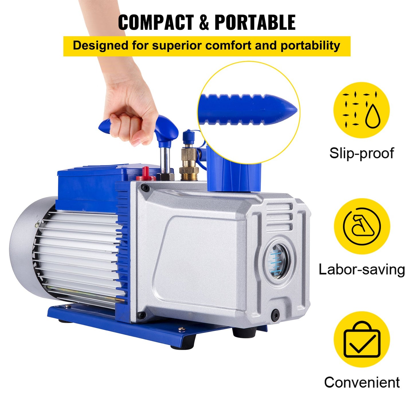 Vacuum Pump 717 L/min(12CFM) 746W(1HP) Vane Vacuum Pump Two Stage 3 x 10⁻¹ Pa Ultimate HVAC Rotary Auto AC Refrigerant Vacuum Pump, for Automobile Reparation Vacuum Evacuation