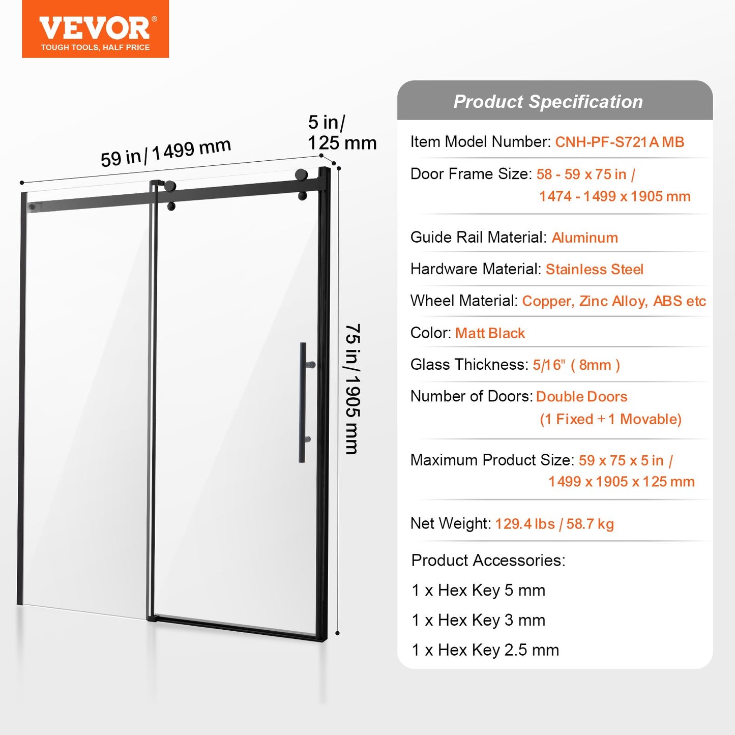 Frameless Shower Door, 58-59" W x 75" H, Shower Sliding Glass Door with 5/16"(8mm) Clear SGCC Tempered Glass, Waterproof Shatterproof Stain-Resistant with Stainless Steel Hardware, Matte Black
