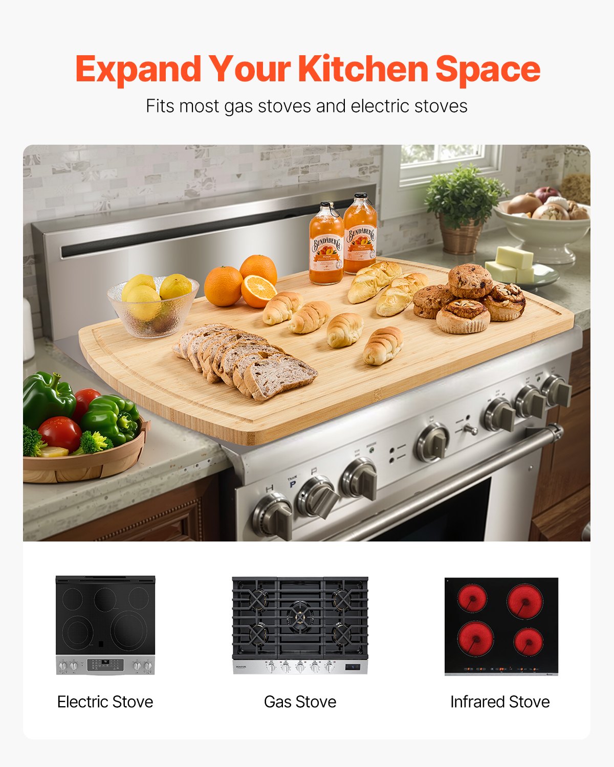 Noodle Board Stove Cover, Stove Top Cover Board for Gas Burner & Electric Stove, Bamboo Wood Cutting Board with Juice Grooves, RV Stovetop/ Kitchen Sink Cover for Counter Space & Tray, Natural