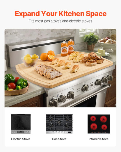 Noodle Board Stove Cover, Stove Top Cover Board for Gas Burner & Electric Stove, Bamboo Wood Cutting Board with Juice Grooves, RV Stovetop/ Kitchen Sink Cover for Counter Space & Tray, Natural
