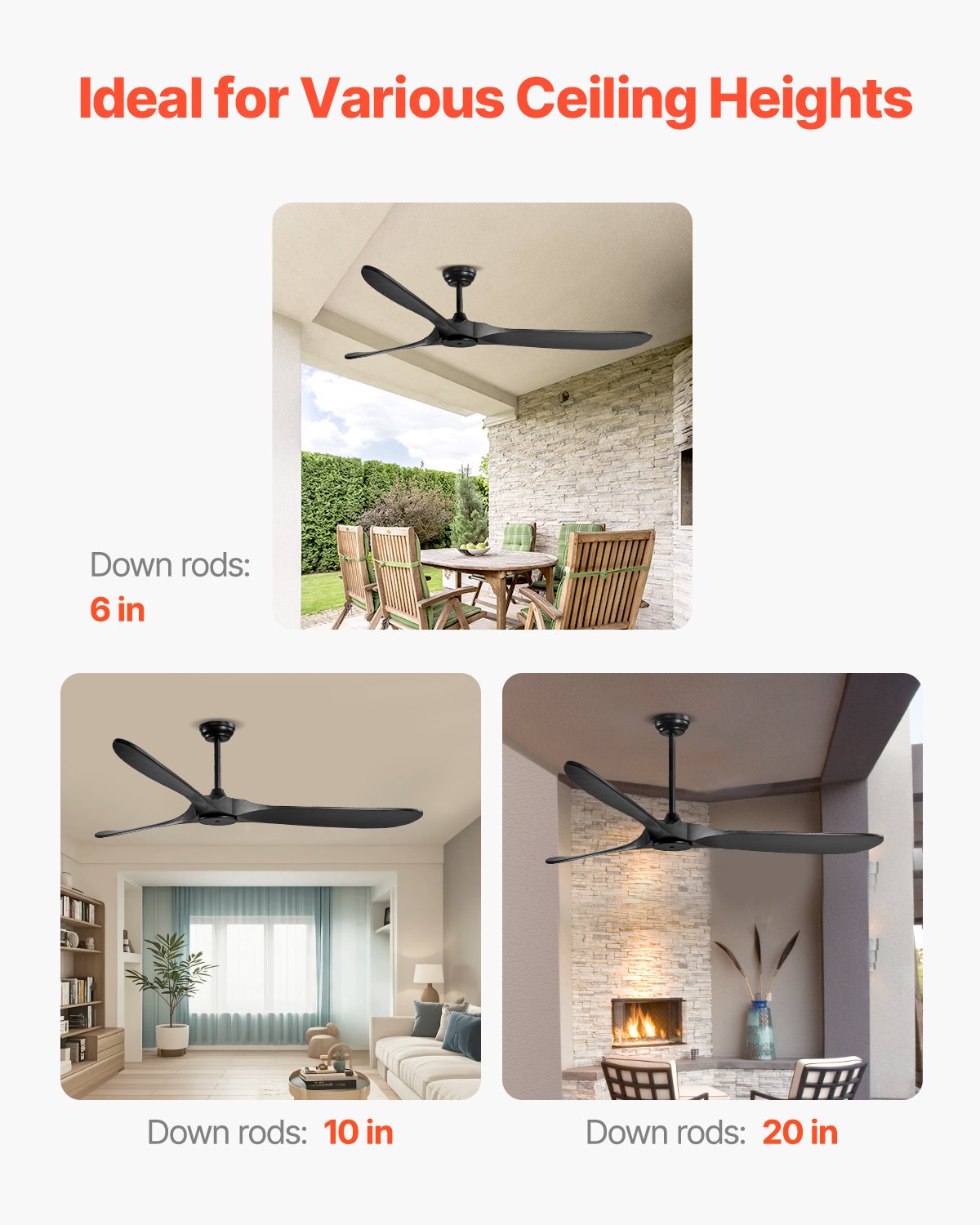 72 Inch Ceiling Fan without Light, 6-Speed Remote Control, 3-Wood-Blade, Reversible DC Motor, Modern Low Profile Flush Mount Exterior Fan for Bedroom, Living Room, Patio, Indoor/Outdoor, Black