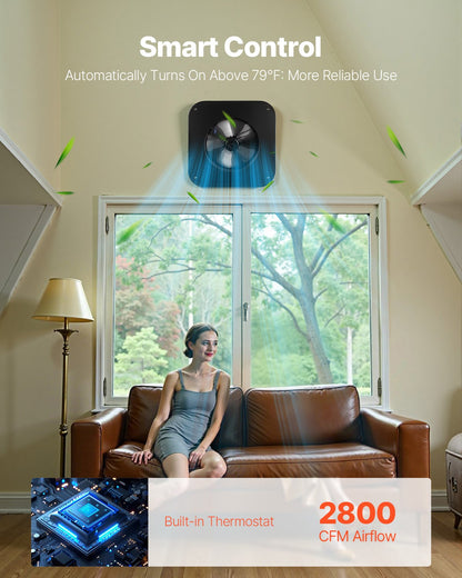 Roof Attic Exhaust Fan, 42W Smart Solar Roof Ventilation Fan with Thermostat, Remote Control, 2800 CFM Airflow Built-in Brushless DC Motor for Cooling