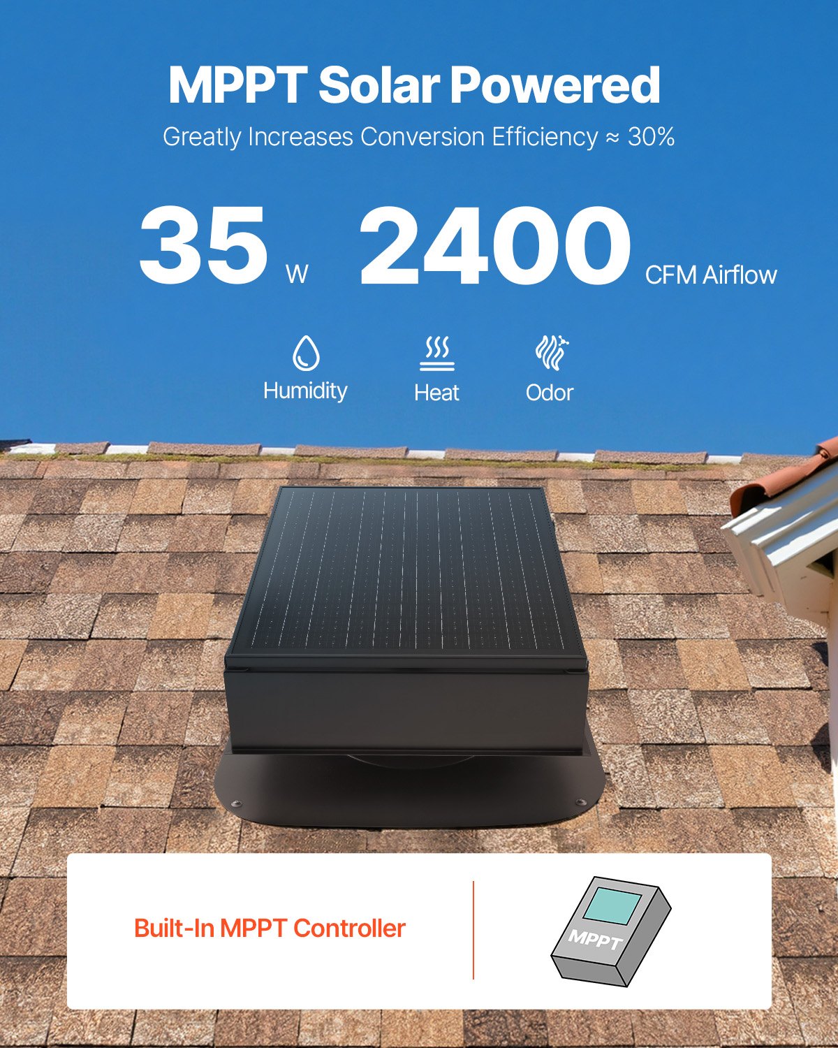 Roof Attic Exhaust Fan, 35W Smart Solar Roof Ventilation Fan Auto Temperature Control, 2400 CFM Airflow Built-in Brushless DC Motor for Cooling and Dehumidification, No Remote