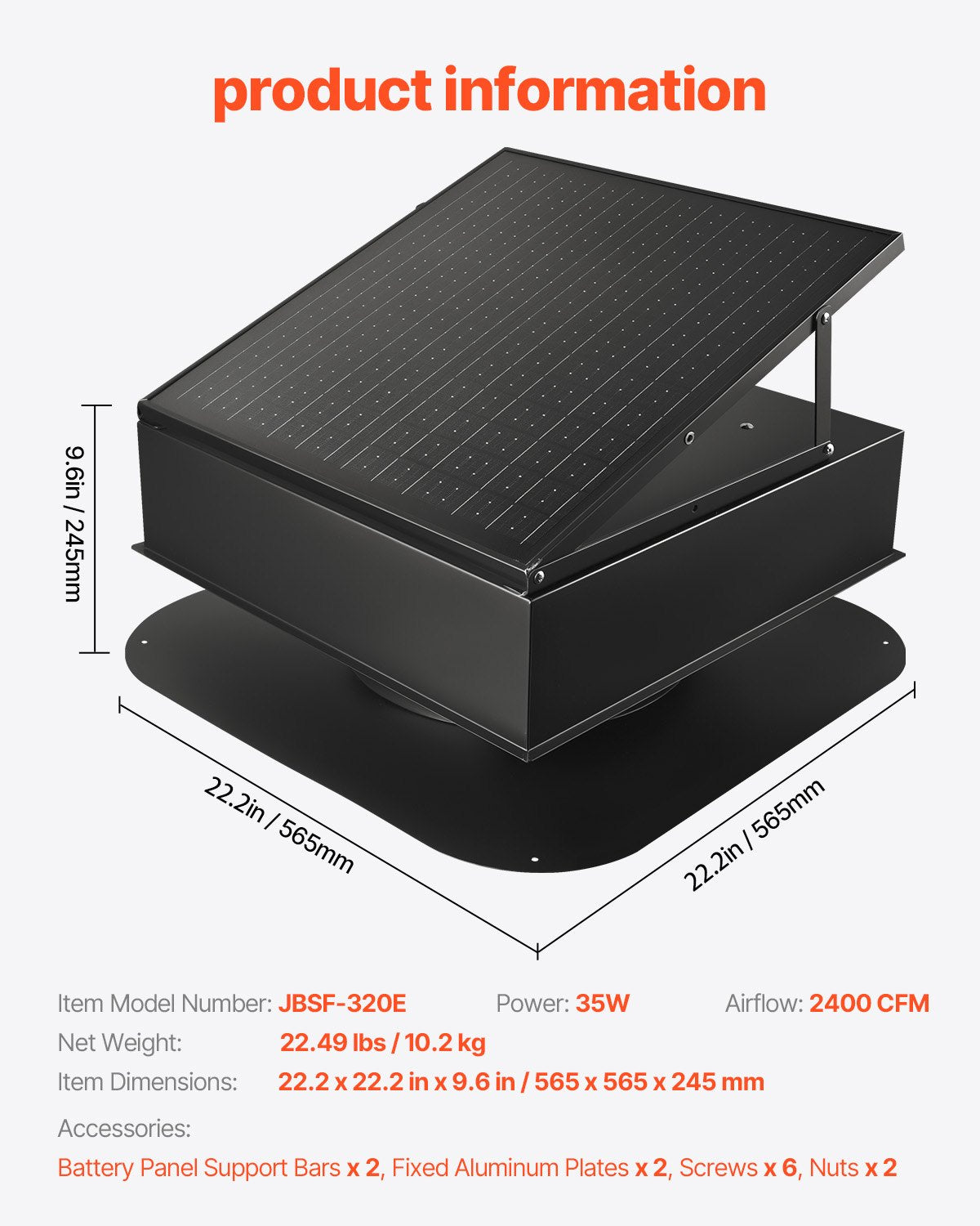 Roof Attic Exhaust Fan, 35W Smart Solar Roof Ventilation Fan Auto Temperature Control, 2400 CFM Airflow Built-in Brushless DC Motor for Cooling and Dehumidification, No Remote